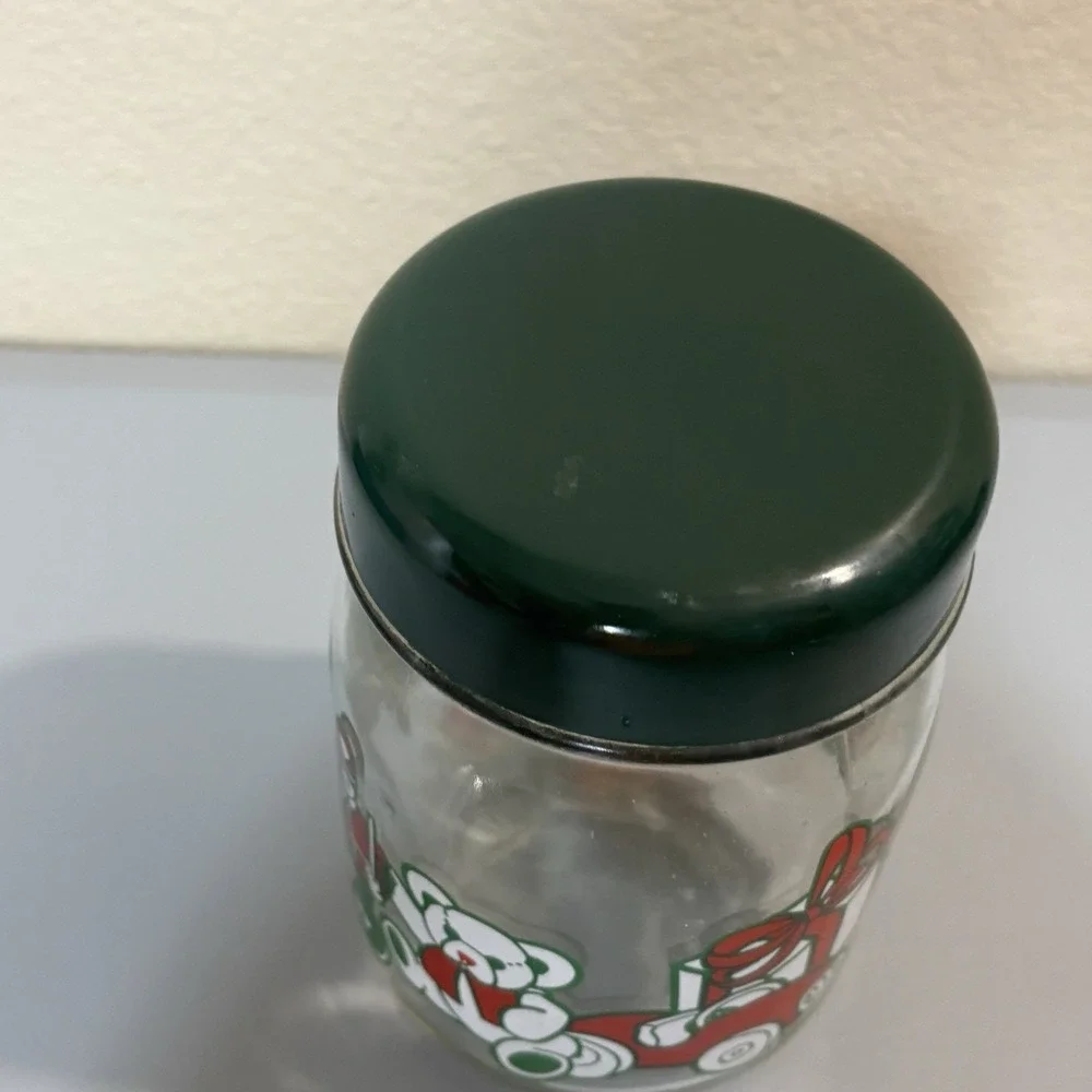 Anchor Hocking Christmas Canister Candy Jar Glass Green Lid Holiday Toys 1980's